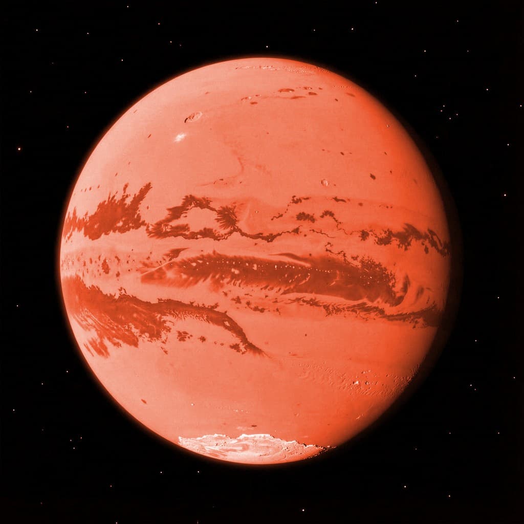 Mars na tle czarnej przestrzeni, z jasnym sierpem światła słonecznego wzdłuż krawędzi.